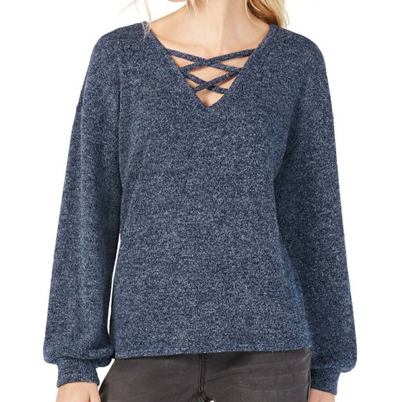INC International Concepts Sweaters - INC Blue Marled Lace Up Pullover Sweater